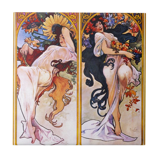 Four Seasons by Alfons Mucha Art Deco Nouveau Tile (Front)