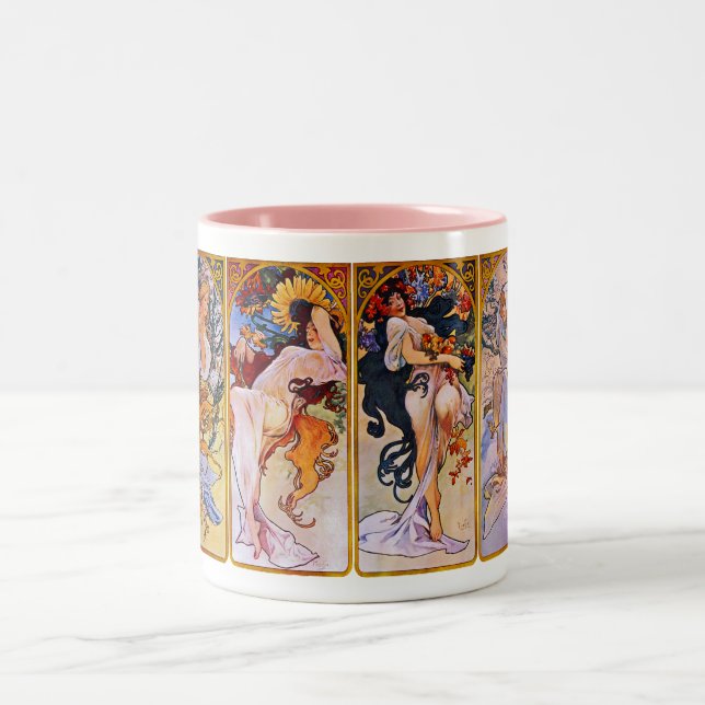Four Seasons by Alfons Mucha Two-Tone Coffee Mug (Center)