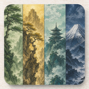 Four Seasons Mountain Japanese Ink Landscape Beverage Coaster