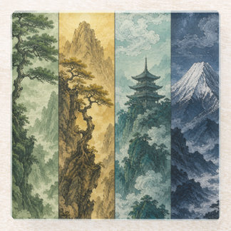 Four Seasons Mountain | Japanese Ink Landscape Glass Coaster