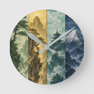 Four Seasons Mountain Japanese Ink Landscape Round Clock