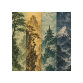 Four Seasons Mountain | Japanese Ink Landscape Wood Wall Art