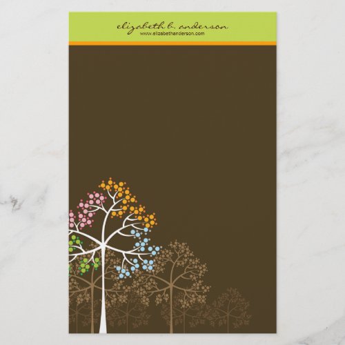 Four Seasons Trees on Brown Note Card Stationery