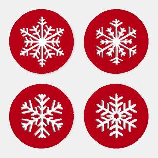 Four Snowflakes on Deep Red Coaster Set