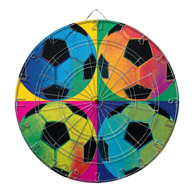 Four Soccer Balls in Different Colors Dartboard With Darts (Front)