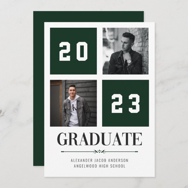 Four Square | Green Photo Graduation Announcement (Front/Back)