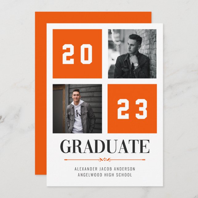 Four Square | Orange Photo Graduation Announcement (Front/Back)