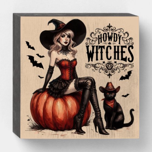 Four Sultry Witches with Puns Halloween Wooden Box Sign