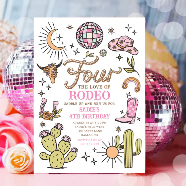Four the Love of Rodeo Disco Cowgirl Birthday Invitation | Zazzle