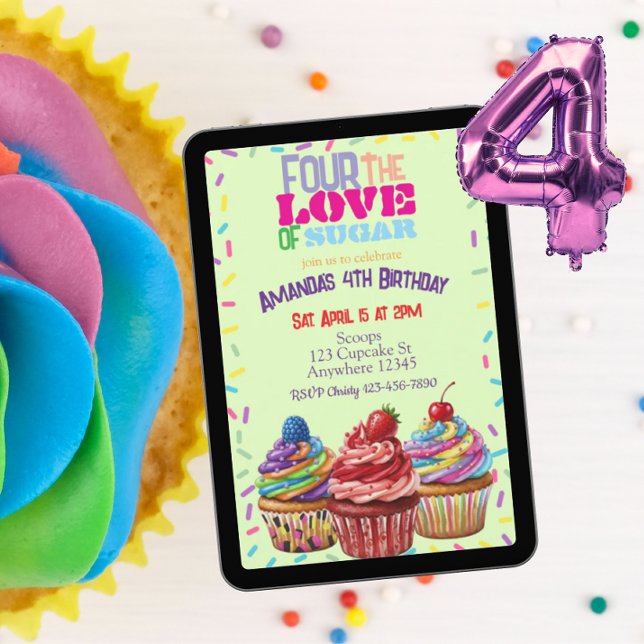 Four the Love of Sugar, Cupcake 4th Birthday Invitation (Creator Uploaded)