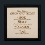 Four Things Gift Box<br><div class="desc">This thought provoking design features a tan background with a faint tan leaf pattern. This inspirational print reads: "Four Thngs You Can Never Recover - A stone after it has been thrown - Words after they have been spoken - An occasion after it has been missed - Time after it...</div>