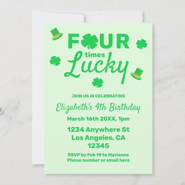 Four Times Lucky 4th Birthday Invitation (Front)