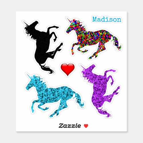 Four Unicorns Kids Name Party Shaped Stickers