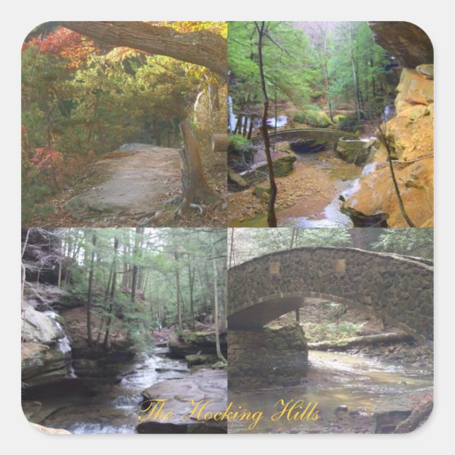 Four views of The Hocking Hills, streams, trees, b Square Sticker (Front)