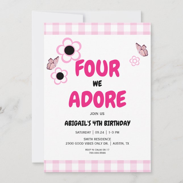 Four we Adore 4th Girl Pink Birthday Party  Invitation (Front)