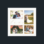 Four Wedding Photos Collage Love Script White Canvas Print<br><div class="desc">Display beautiful memories from your wedding day in your home with this four photo collage, wherein you can easily swap in your own 4 favorite pictures. The word Love overlaps the pictures slightly and is set in elegant gold script.The white background color can be changed to a different color if...</div>