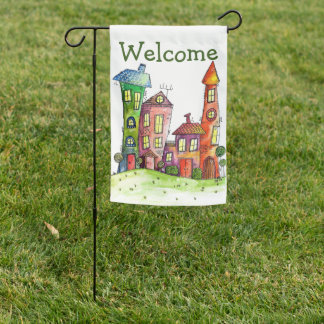 Four Whimsical Colorful Houses Garden Flag
