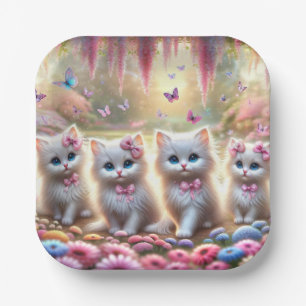 Four White Kittens with Flowers and Butterflies  Paper Plates