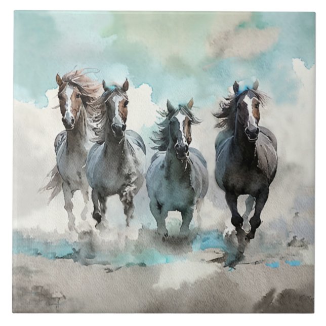 Four Wild Mustang Gallop Across the Prairie Ceramic Tile (Front)