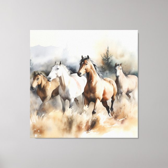“Four Wild Mustangs” Dusty Western Watercolour Canvas Print (Front)