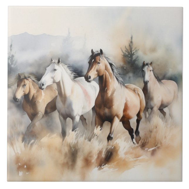 “Four Wild Mustangs” Dusty Western Watercolour Ceramic Tile (Front)