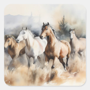 “Four Wild Mustangs” Dusty Western Watercolour Square Sticker