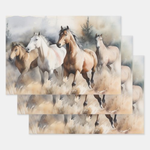 Four Wild Mustangs Dusty Western Watercolour Wrapping Paper Sheets