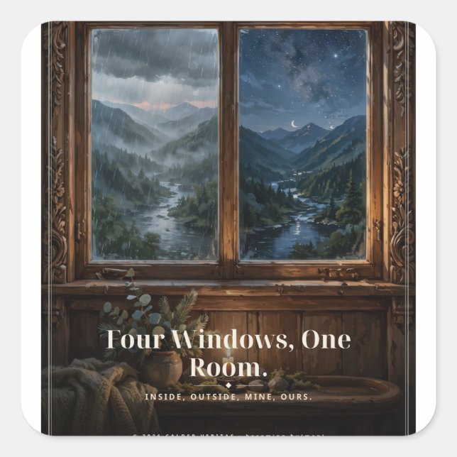 "Four Windows, One Room" Window View Tee Square Sticker (Front)