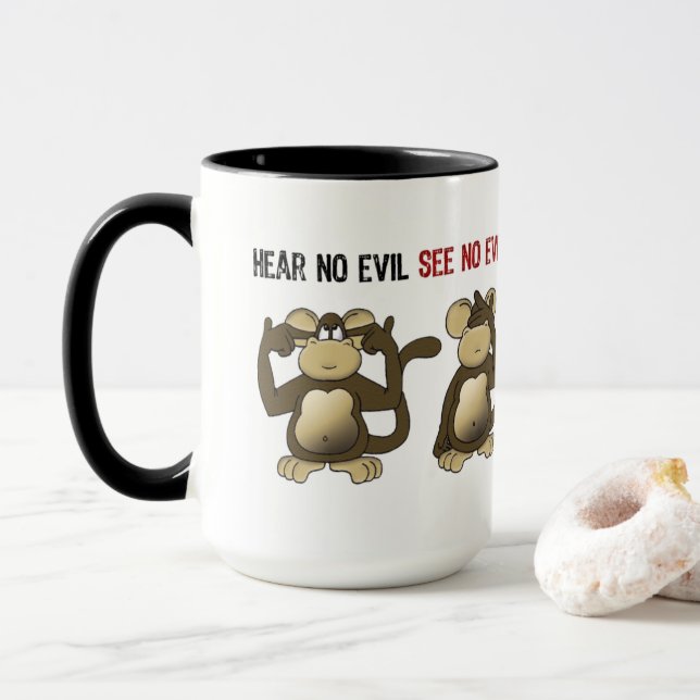 Four Wise Monkeys Funny Cartoon Design Mug (With Donut)