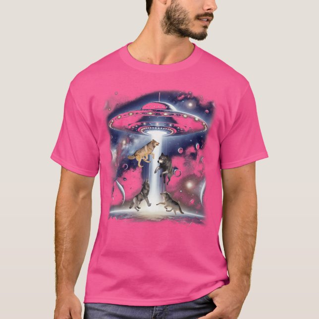 Four Wolf With Ufo Funny Wolves Ufos Alien Wolf Ho T-Shirt (Front)