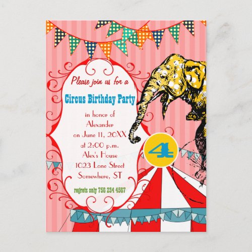 Four Year Old Circus Tent Elephant BirthdayParty Invitation Postcard