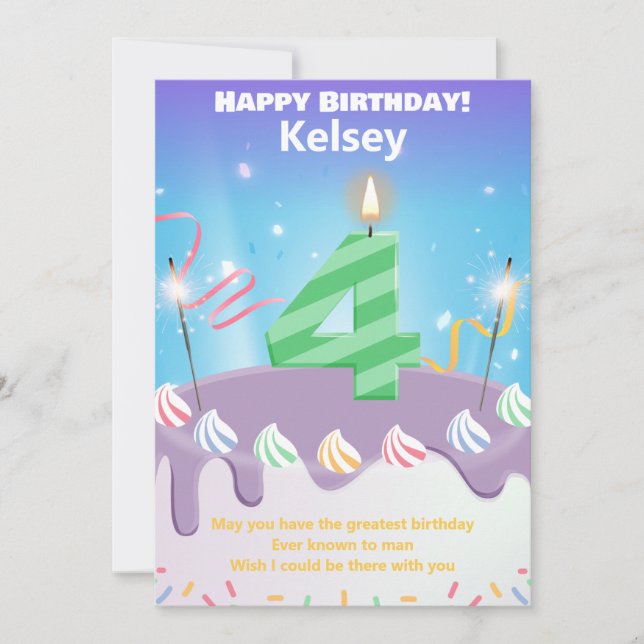 Four year old Happy Birthday card personalized (Front)