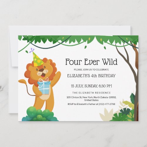 Four Years Old Kids Celebration For Lion Birthday Invitation