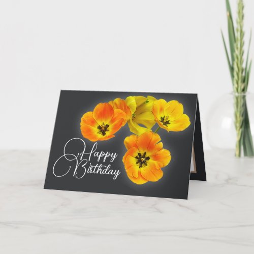 Four Yellow Orange Tulips Gray Background Birthday Card