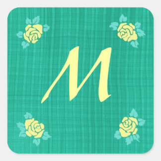 Four Yellow Roses Green Teal Plaid Initial Sticker