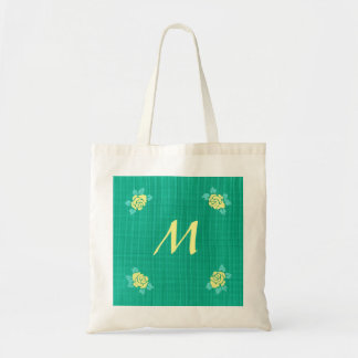 Four Yellow Roses Green Teal Plaid Monogram Bags