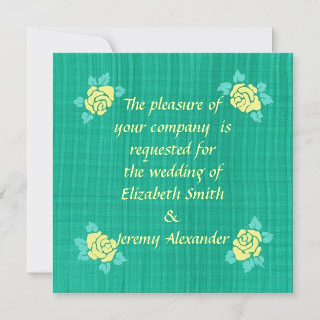 Four Yellow Roses Green Teal Plaid Wedding Invites (Front)