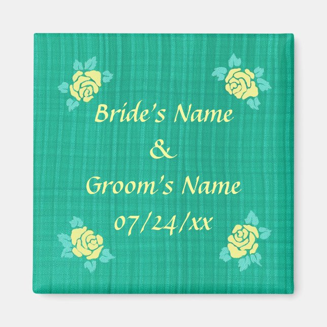 Four Yellow Roses Green Teal Plaid Wedding Magnets (Front)