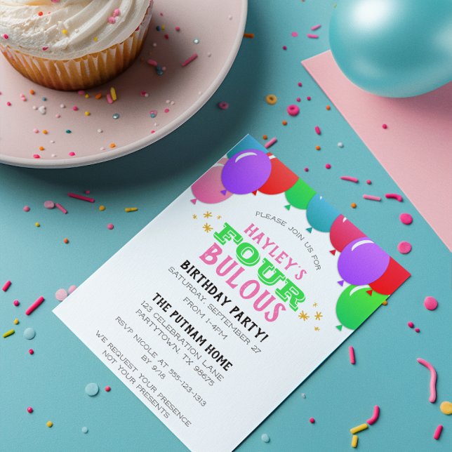 FOURbulous 4th Birthday Balloon Banner Pink Green Invitation (Creator Uploaded)