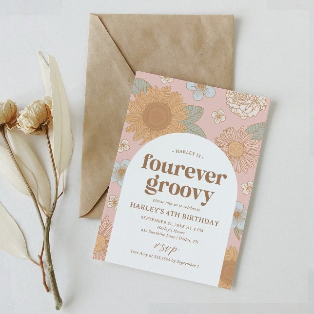 Fourever Groovy Retro Floral 4th Birthday Invitation (Creator Uploaded)