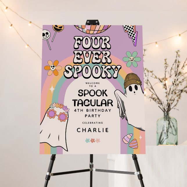 FourEver Spooky Retro Halloween 4th Birthday Party Foam Board (In Situ (Stand))