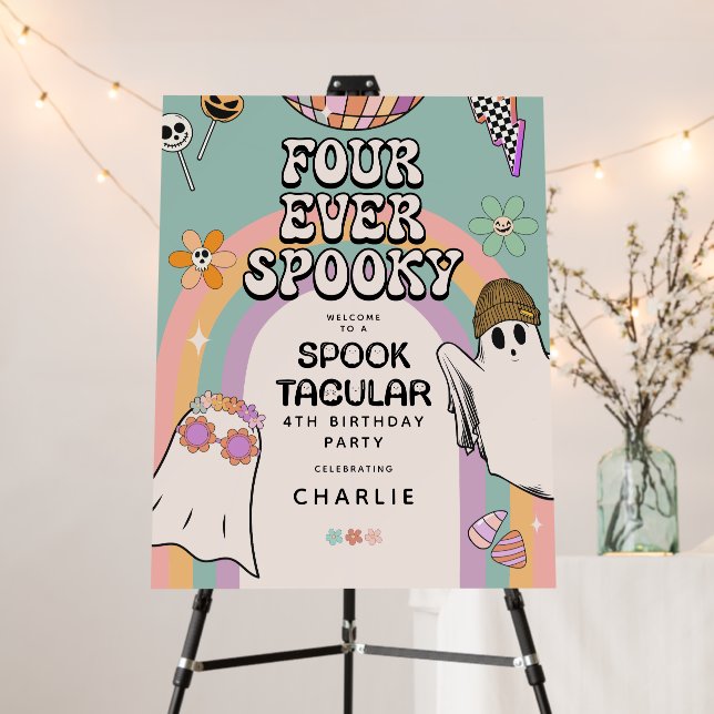 FourEver Spooky Retro Halloween 4th Birthday Party Foam Board (In Situ (Stand))