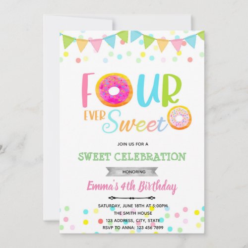 FOURever sweet donut birthday  Invitation