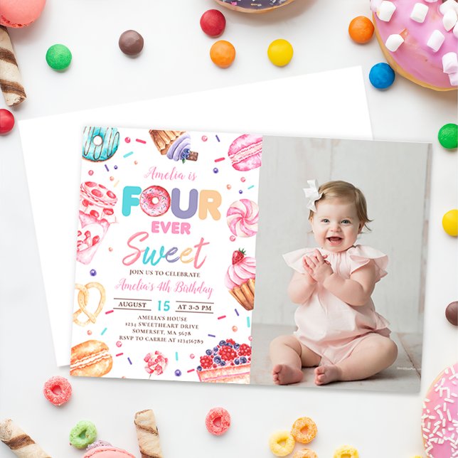 Fourever Sweet Donut Candy 4th Birthday Photo Invitation (Creator Uploaded)