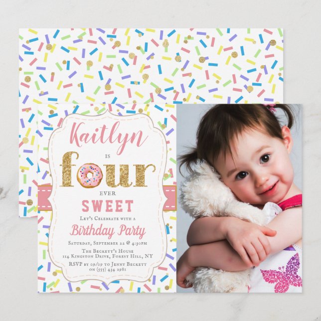 FOURever Sweet Donut Girls 4th Birthday Invitation (Front/Back)