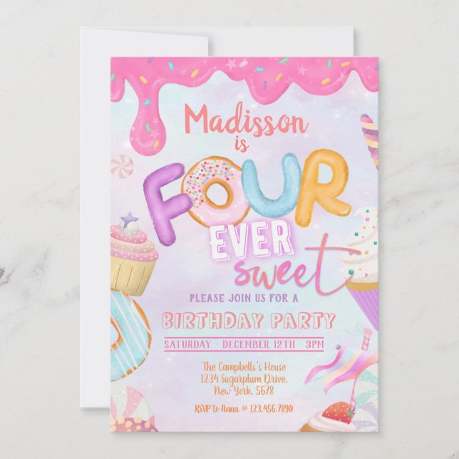 Fourever Sweet Girl 4th Birthday Invitation (Front)