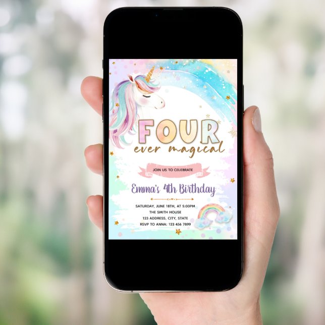 FOURever unicorn magical birthday invitation (Front Digital)