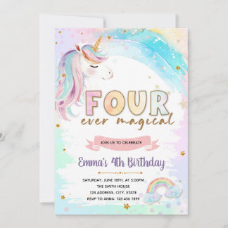 FOURever unicorn magical birthday invitation