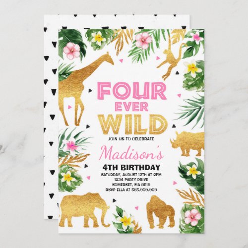 Fourever Wild 4th Birthday Party Safari Animals Invitation