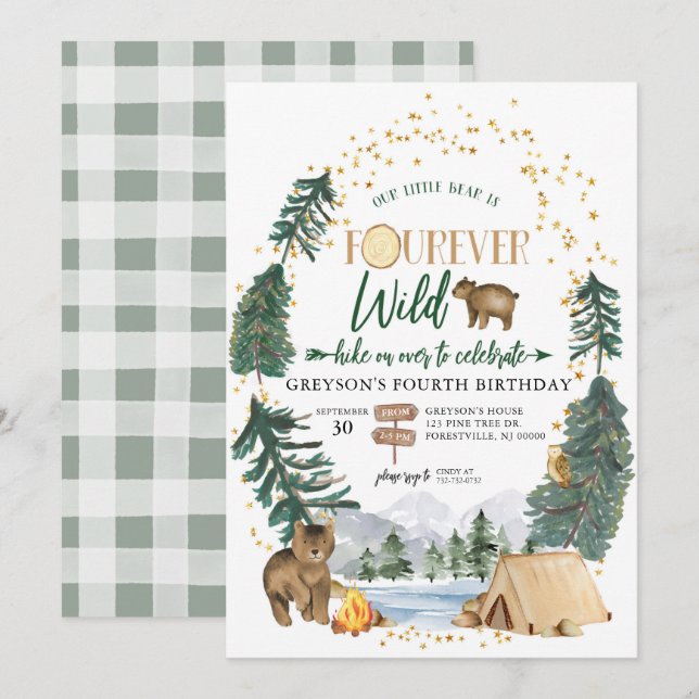 Fourever Wild Woodland Bear 4th Birthday Invitation (Front/Back)